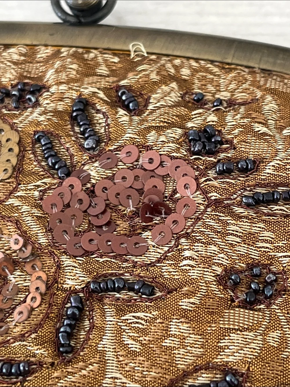 Embroidered Floral Beaded andSequin Evening Clutch / Shoulder Bag - Antique Gold